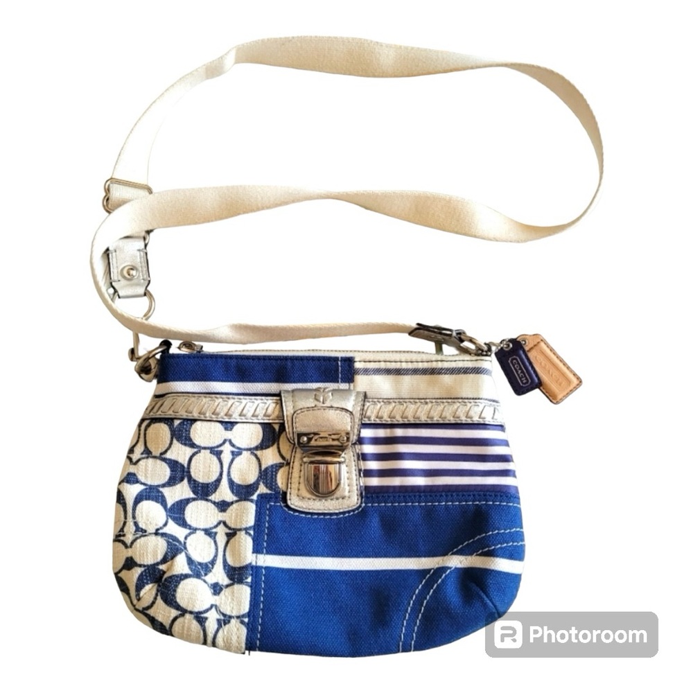 Coach Patchwork Daisy Striped Blue & White Crossbody Handbag